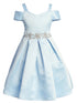 Satin Flower Girl Dress with Cold Shoulder and Pleated Skirt, Sizes 2-14 - SophiasStyle.com